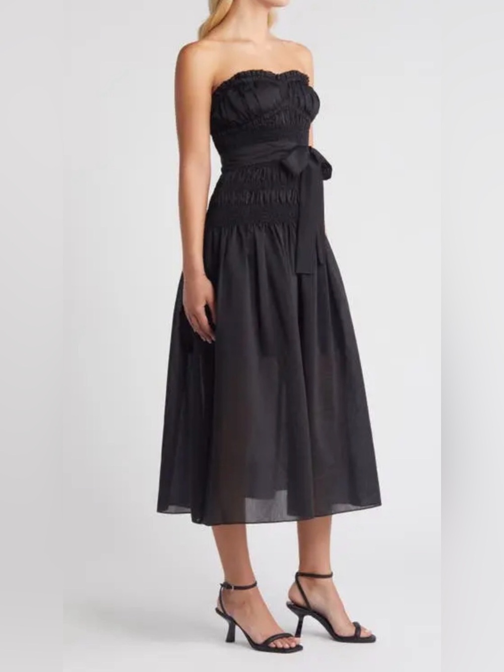 Moon River Smocked Strapless Black Midi Dress - Picture 4 of 15